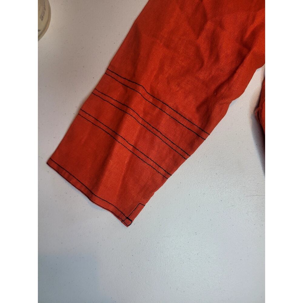 Selene Sport Linen Blend Button Up Orange Top Womens M Contrast Stitch| Relaxed - Picture 7 of 11